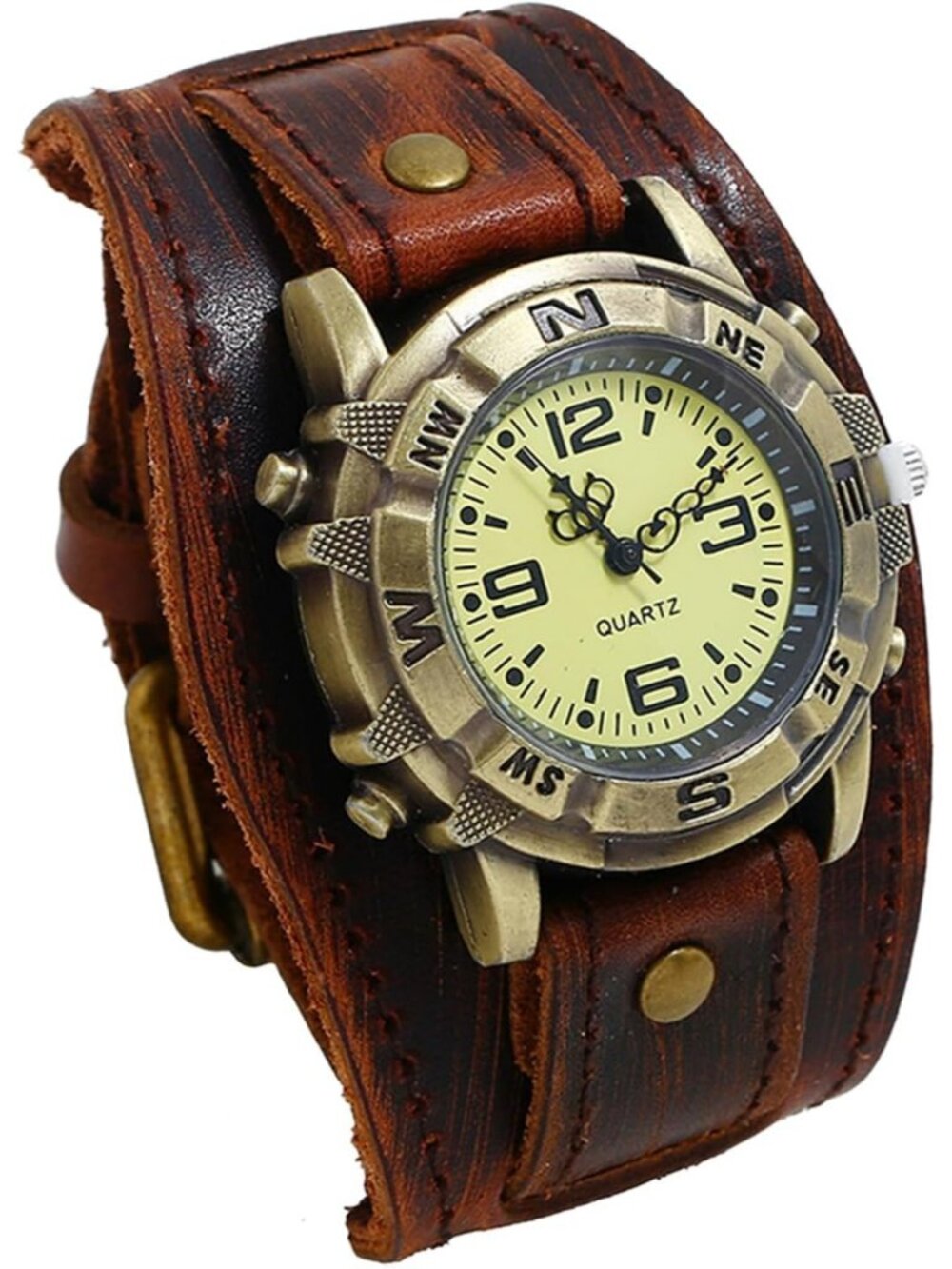 Men's Dark Brown Vintage Leather Retro Punk Band Cuff Steampunk Analog Watches